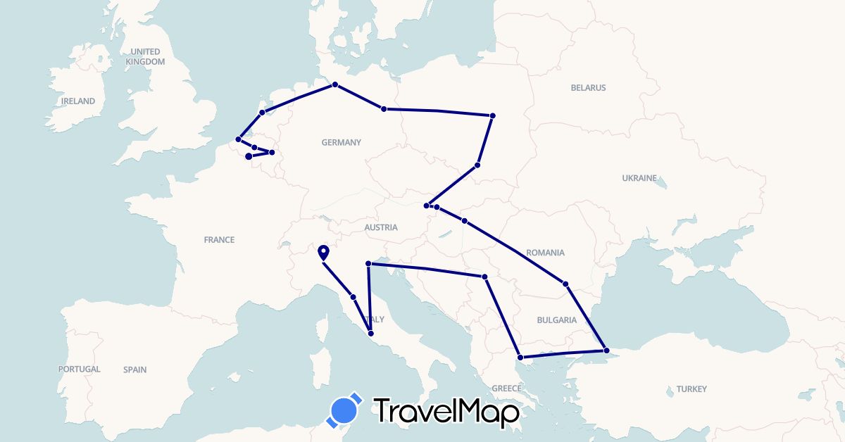 TravelMap itinerary: driving in Austria, Belgium, Germany, Greece, Hungary, Italy, Netherlands, Poland, Romania, Serbia, Slovakia, Turkey (Asia, Europe)